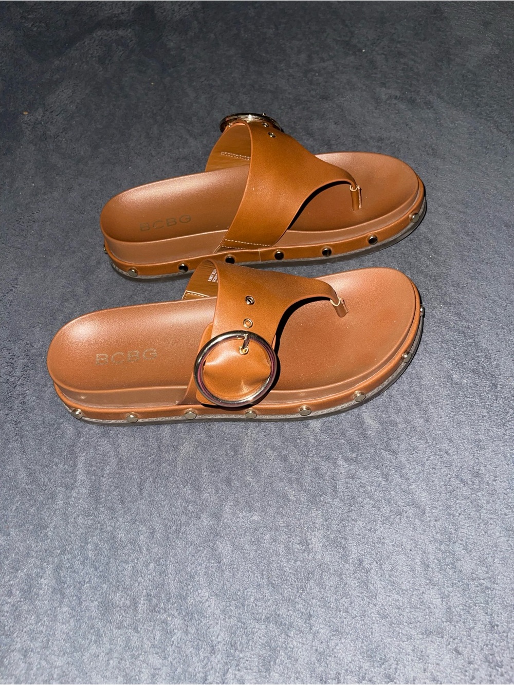 BCBG Cognac Brown Leather Ring-Accent Slide Sandals